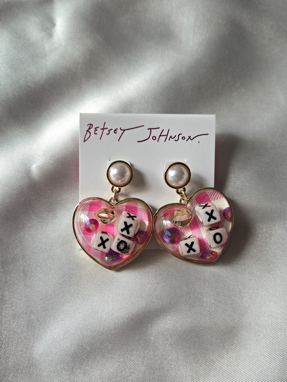 Betsey Johnson Pink Heart XO Dangle Earrings with Pearl Studs